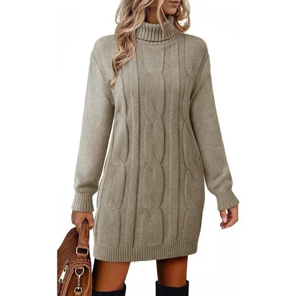 Warm and Stretchy Long Sleeve Turtleneck Midi Dress - Perfect for All Occasions - Picture 2 of 6